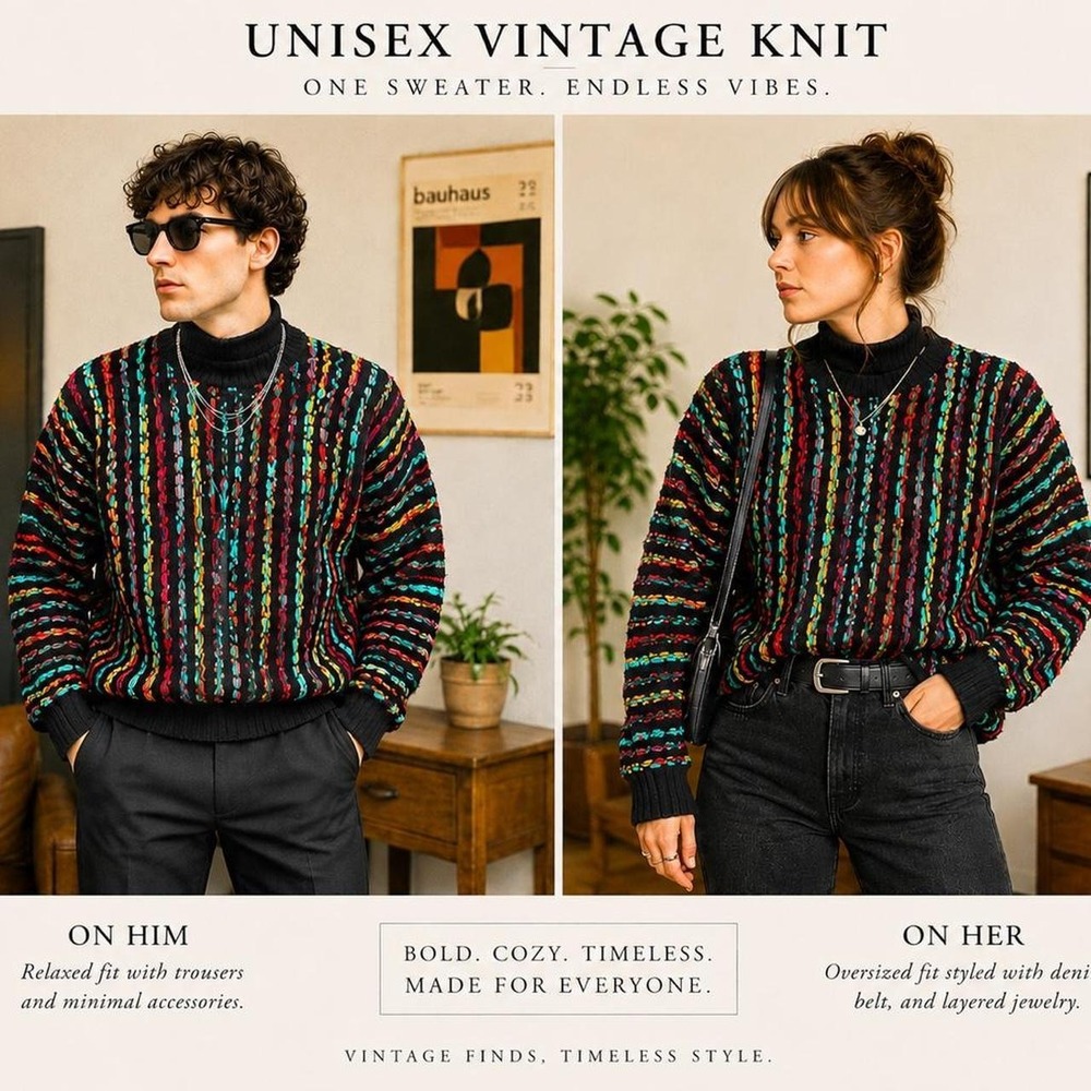 Vintage Multicolor Chunky Knit Turtleneck Sweater Black Rainbow Joyce Textured
